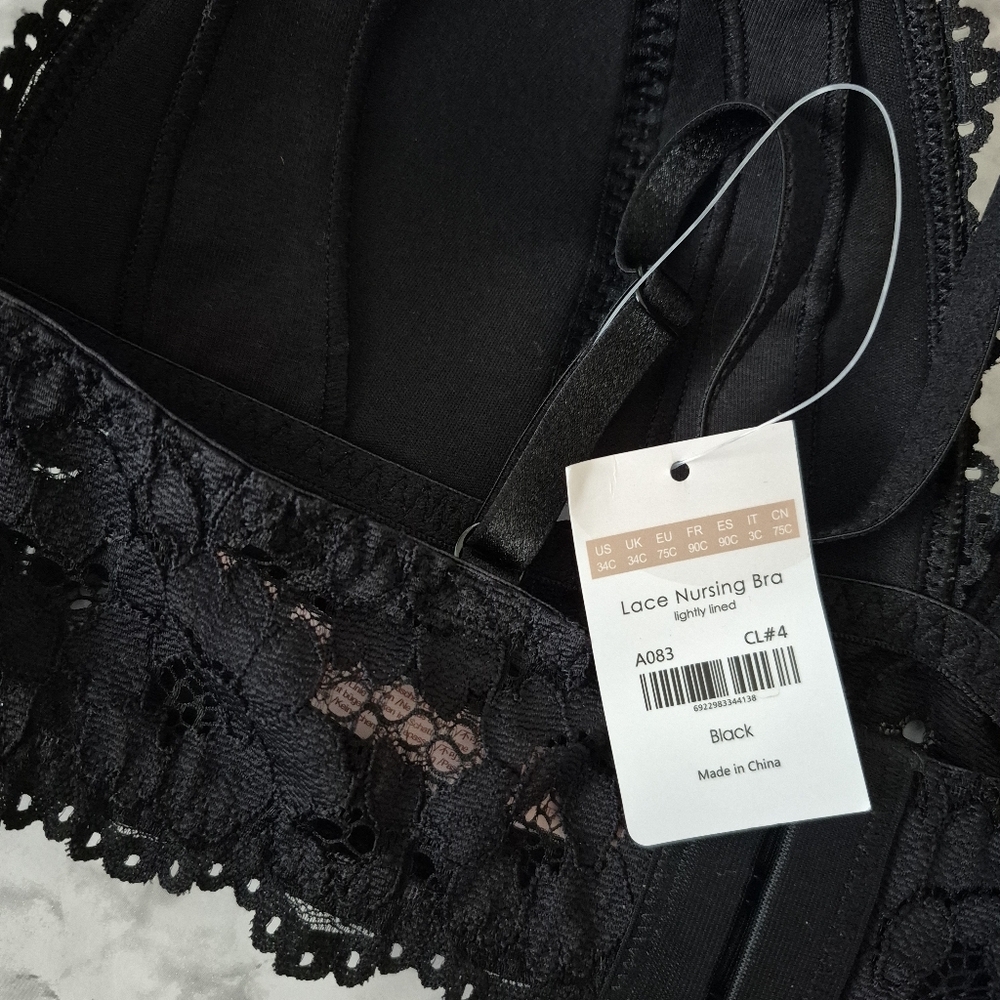Momanda Lace Plunge Nursing Bralette Black 34C NWT